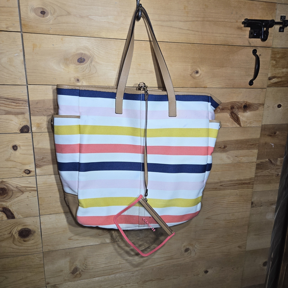Coach Striped Tote Bag with Tan Handles